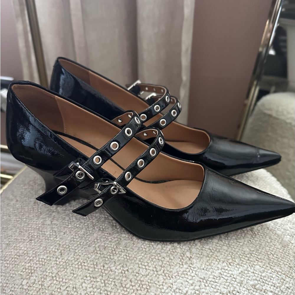 Ganni Black Patent Leather Wedge Pump with Buckle Detail